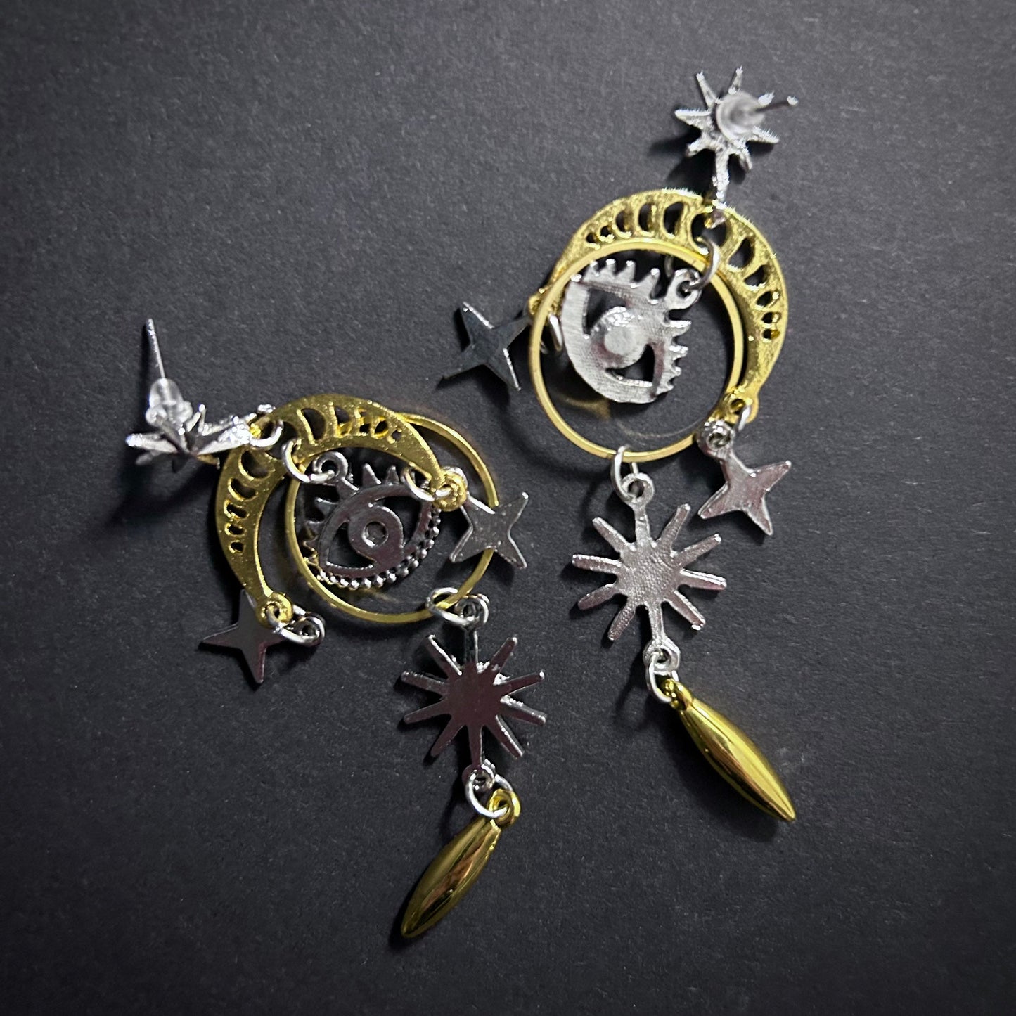 Eye, Stars & Moon Mixed Metal Earrings in Antique Silver and Gold