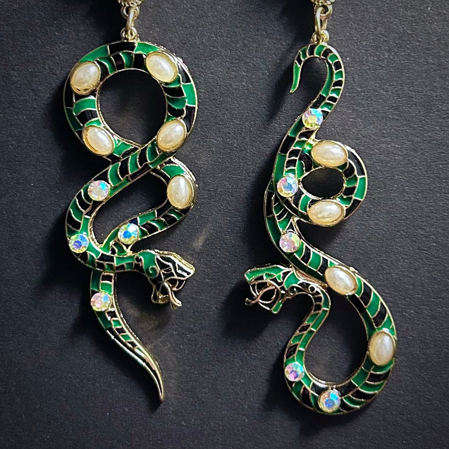 Hissing Snake Green, Black & Pearl Cloisonné Enamel Gold Earrings
