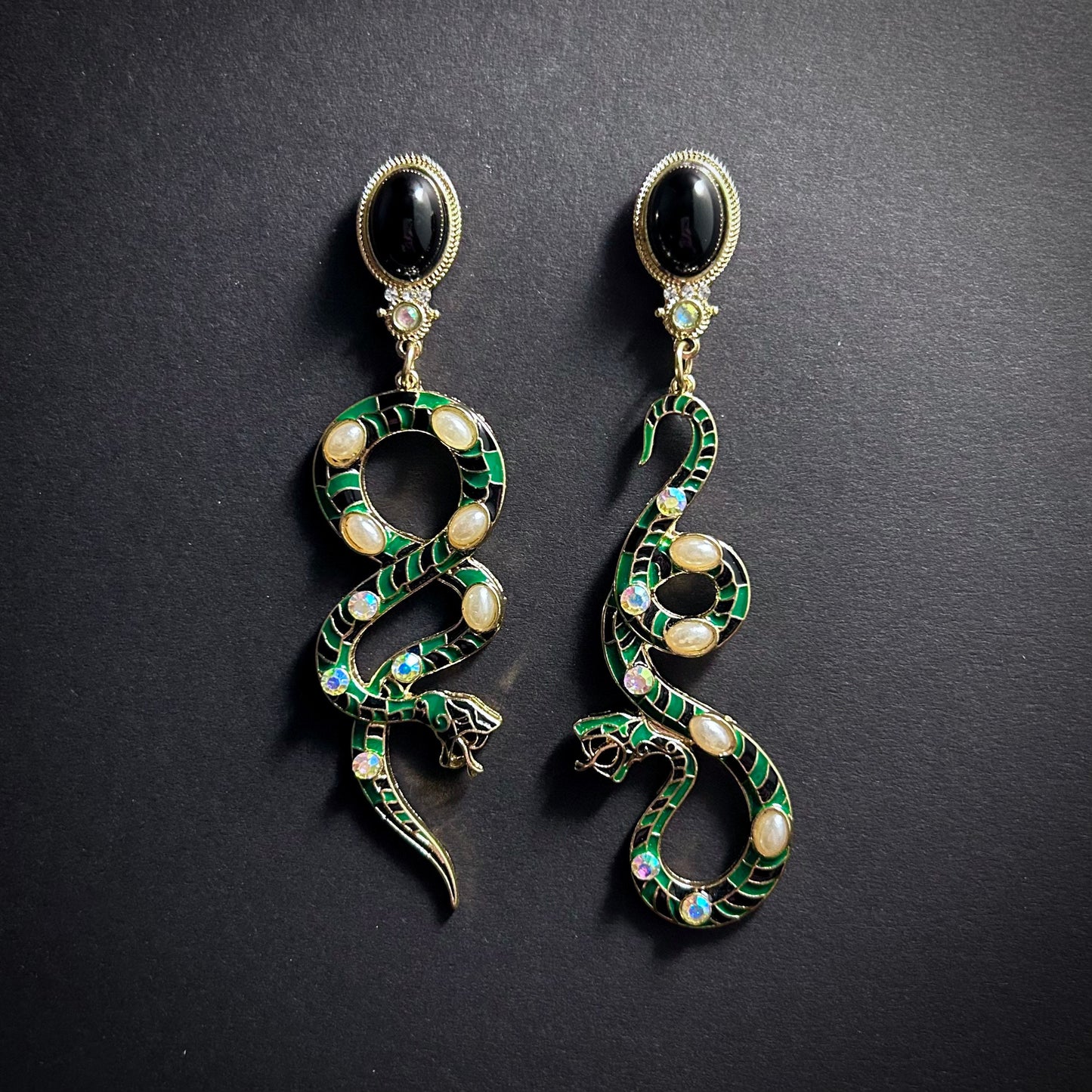 Hissing Snake Green, Black & Pearl Cloisonné Enamel Gold Earrings
