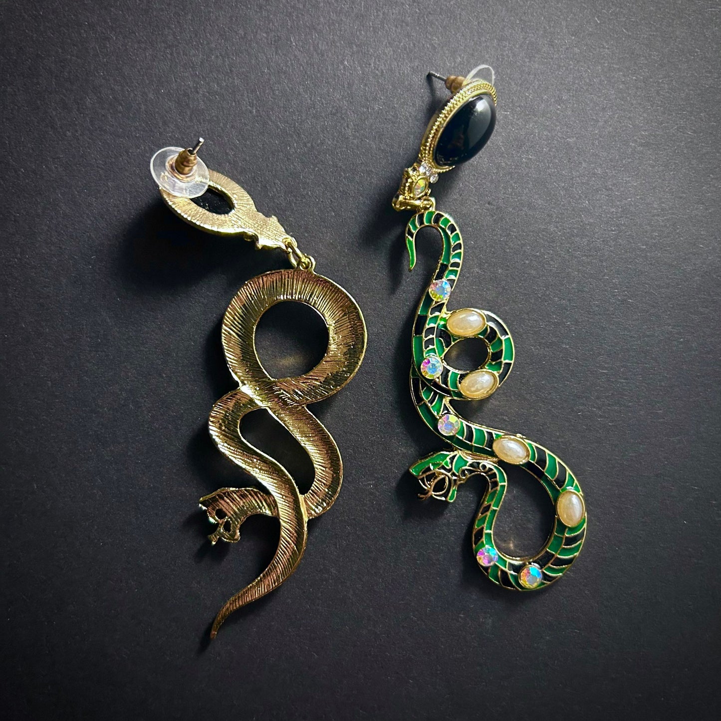Hissing Snake Green, Black & Pearl Cloisonné Enamel Gold Earrings