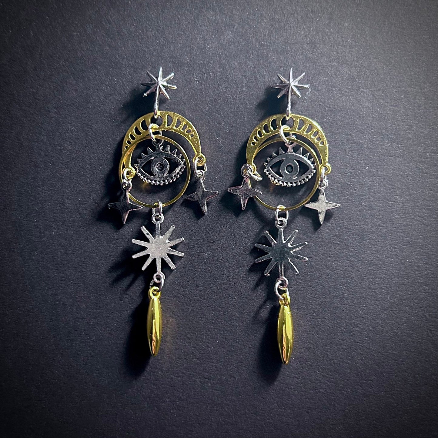 Eye, Stars & Moon Mixed Metal Earrings in Antique Silver and Gold