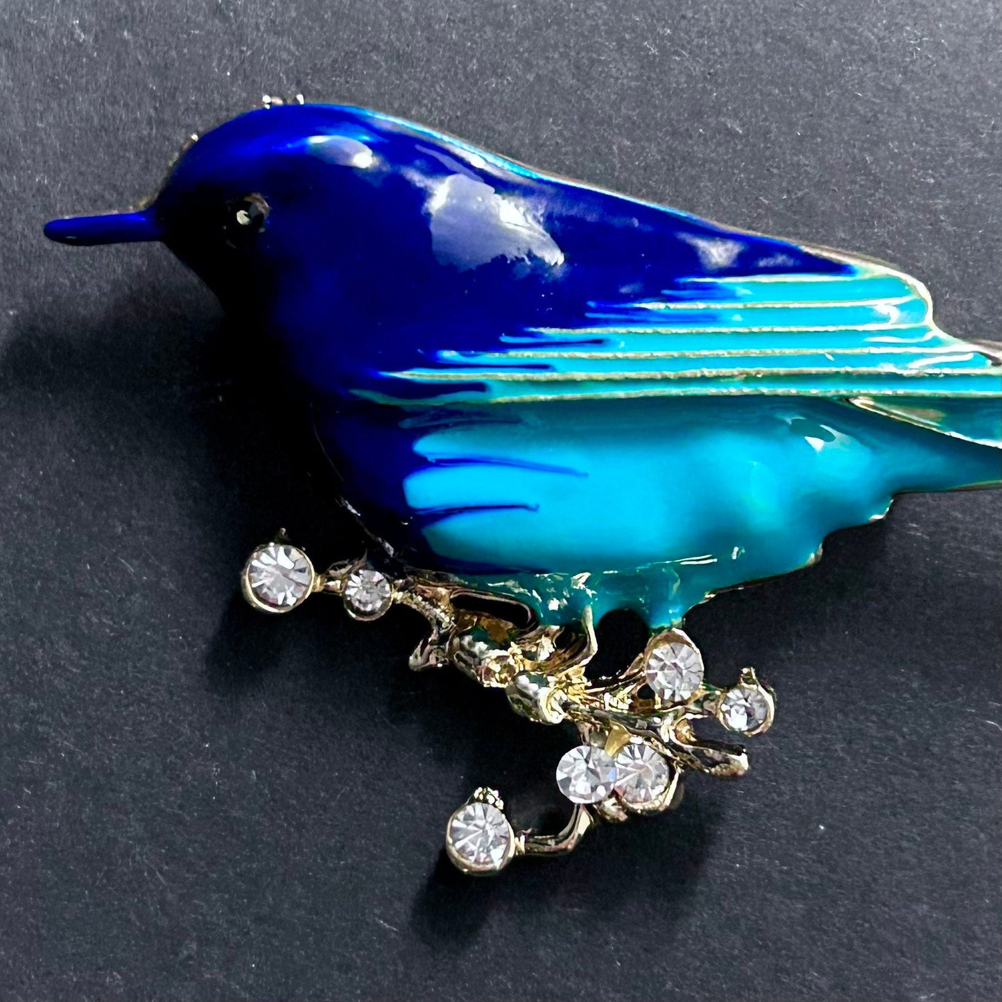 Painted Enamel Bird Brooch in Blue, Turquoise and Gold