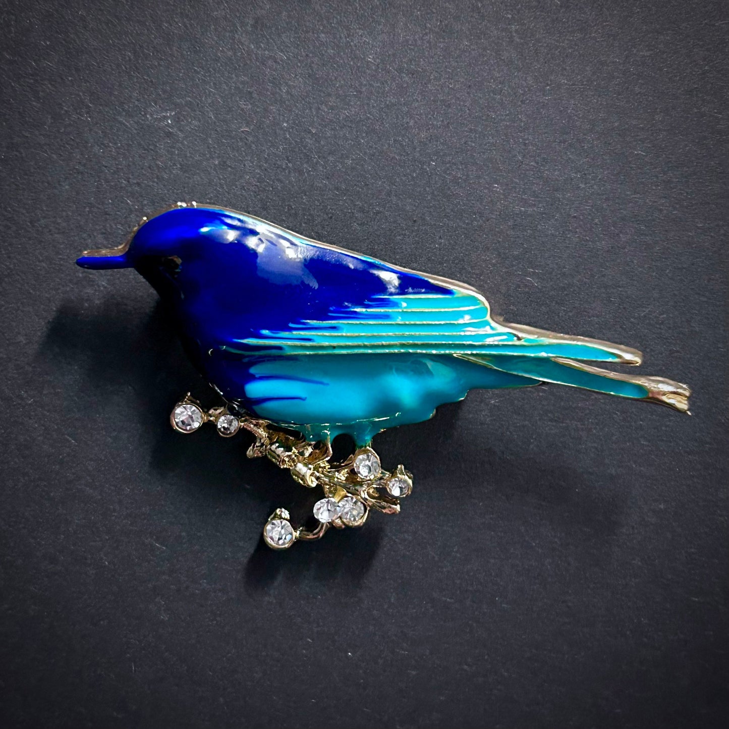 Painted Enamel Bird Brooch in Blue, Turquoise and Gold