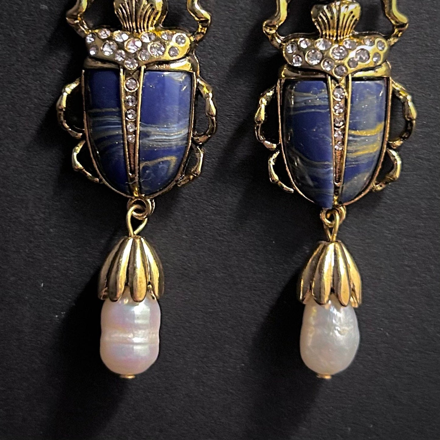 Scarab & Baroque Pearl Lapis Lazuli Blue Earrings