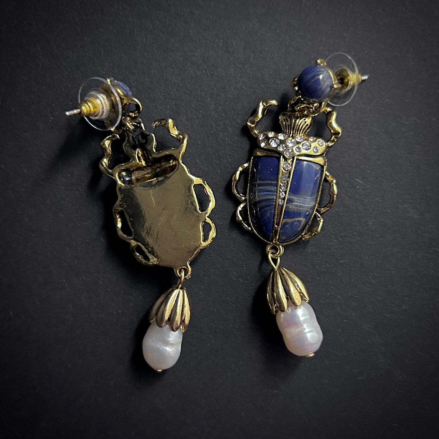 Scarab & Baroque Pearl Lapis Lazuli Blue Earrings