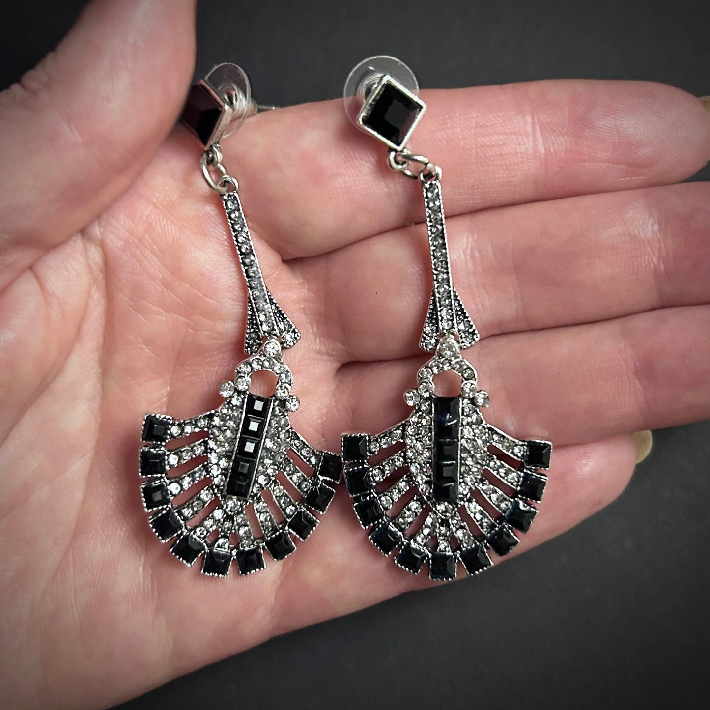 Silver & Black Dangle Fan Earrings