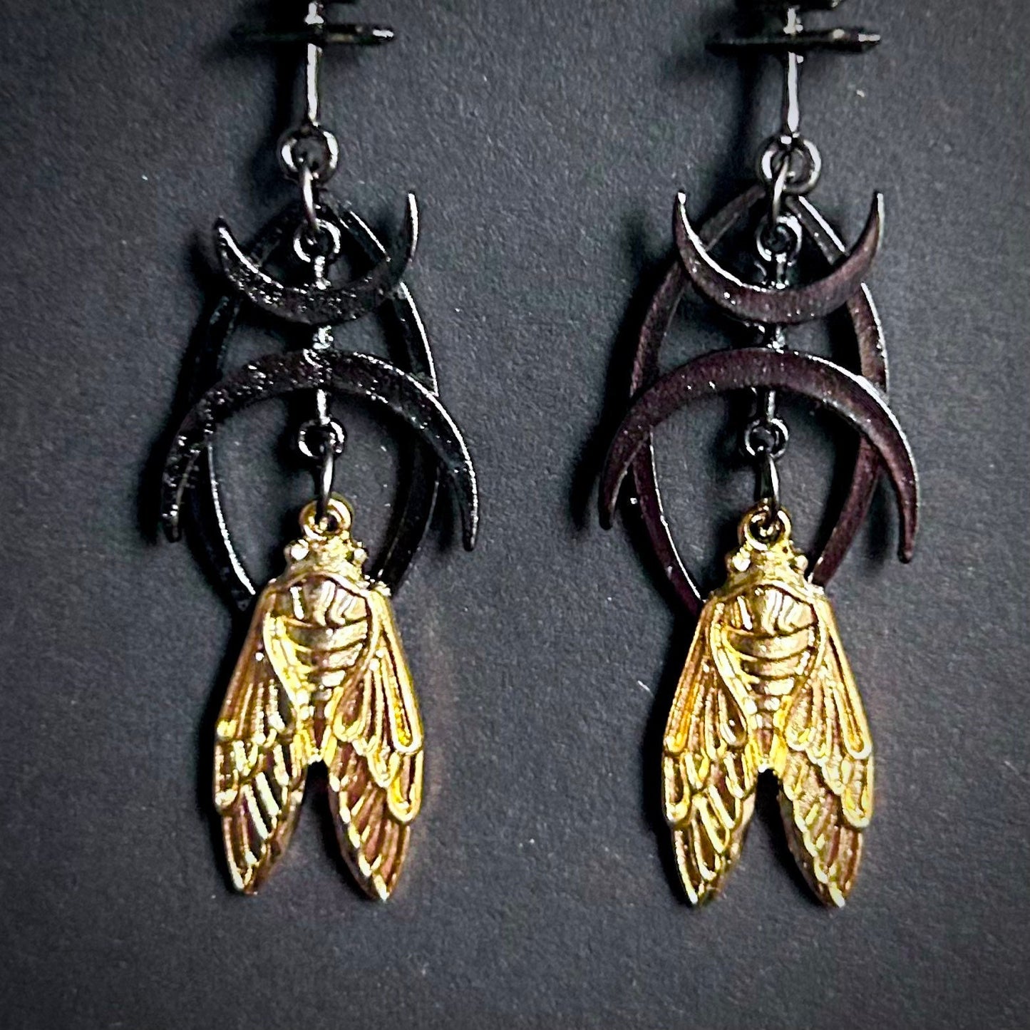 Cicada & Cresent Moon Mixed Metal Earrings in Gunmetal and Antique Gold