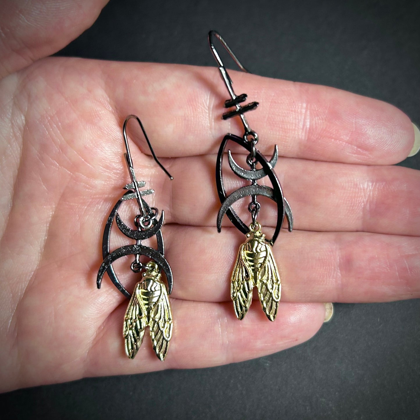 Cicada & Cresent Moon Mixed Metal Earrings in Gunmetal and Antique Gold