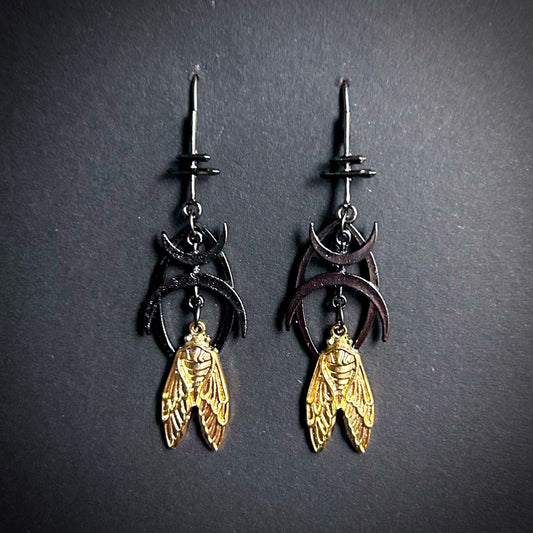 Cicada & Cresent Moon Mixed Metal Earrings in Gunmetal and Antique Gold