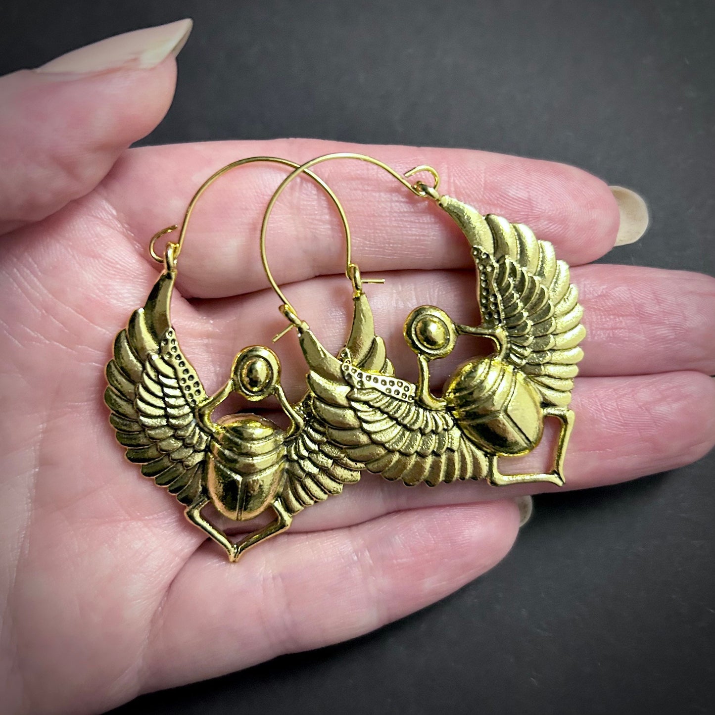 Winged Scarab Creole Earrings