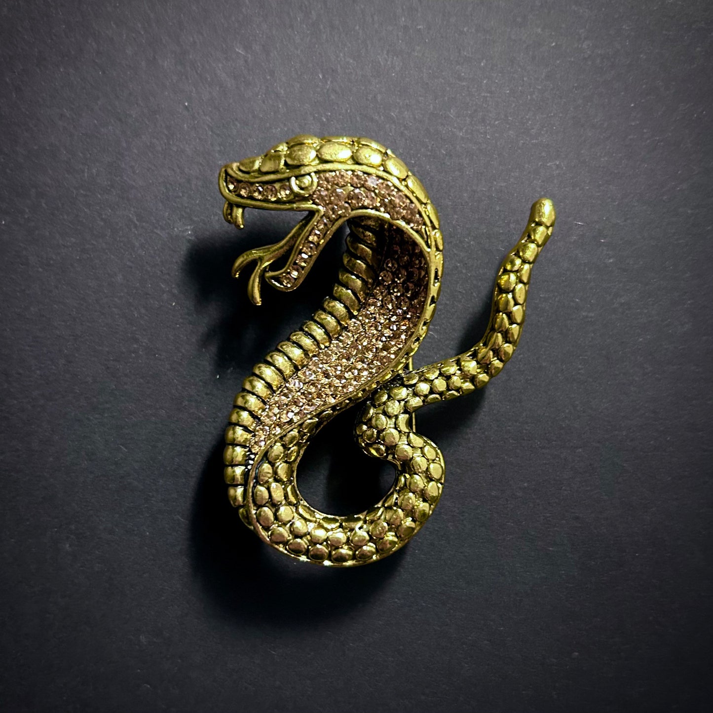 Hissing Cobra Snake Gold Brooch & Pendant with Rhinestones