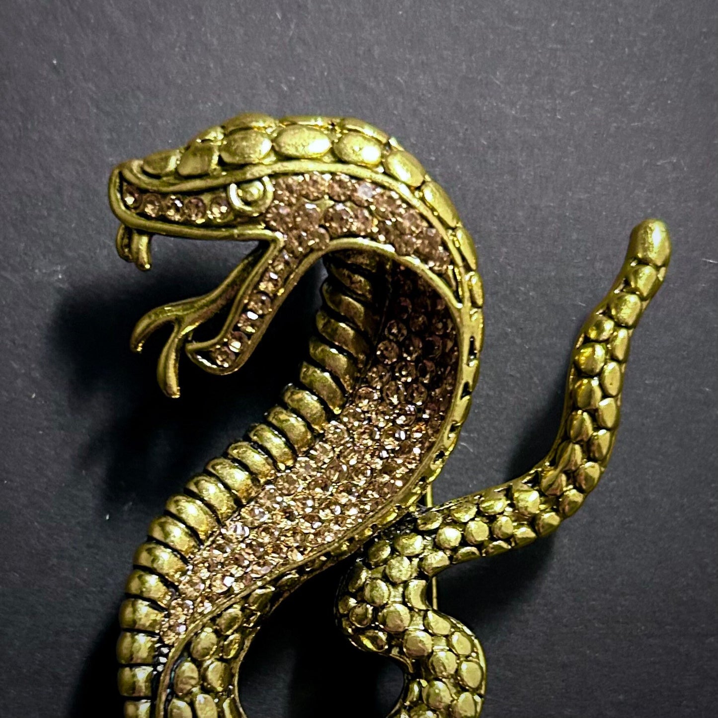 Hissing Cobra Snake Gold Brooch & Pendant with Rhinestones