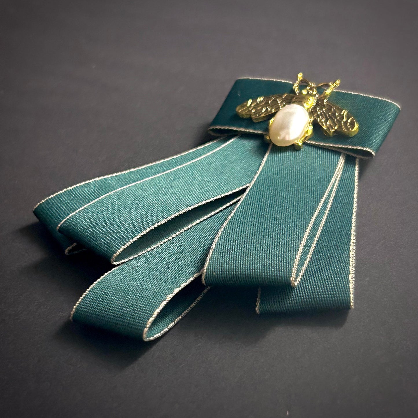 Gold & Pearl Bee Brooch with Dark Green Grosgrain Ribbon Pre-Tied Bow