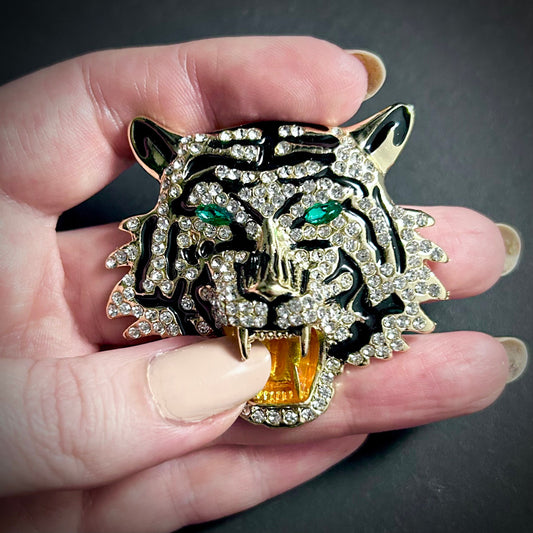 Roaring Tiger Pendant & Brooch in Enamel & Rhinestone