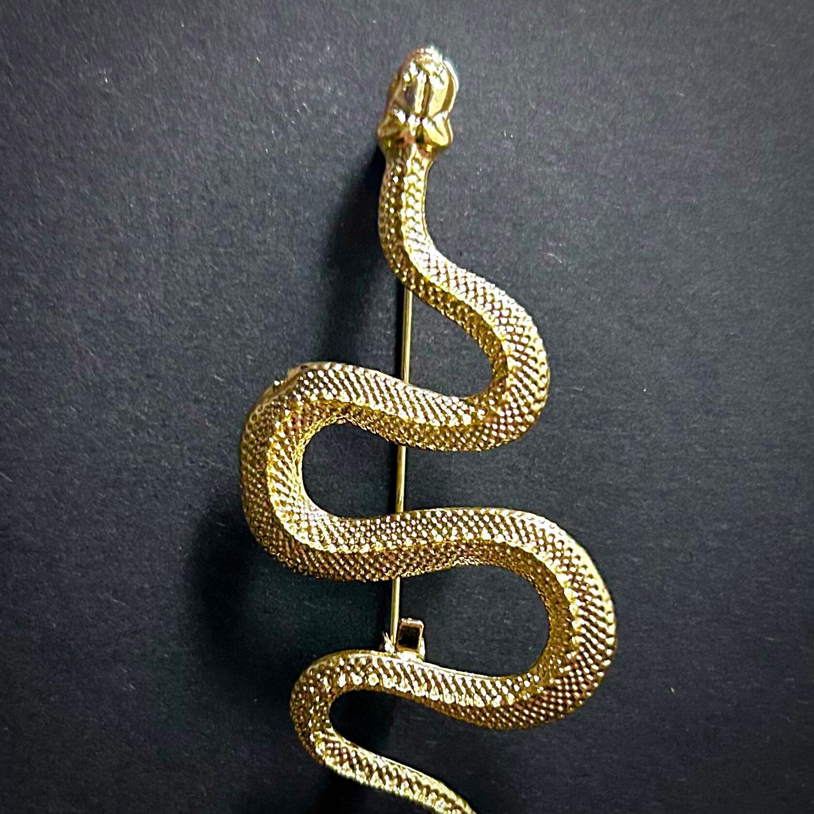 Alilang Crystal Black Enamel Snake Pin Brooch - Gold Tone Metal With Rhinestones, 2.5 Inches