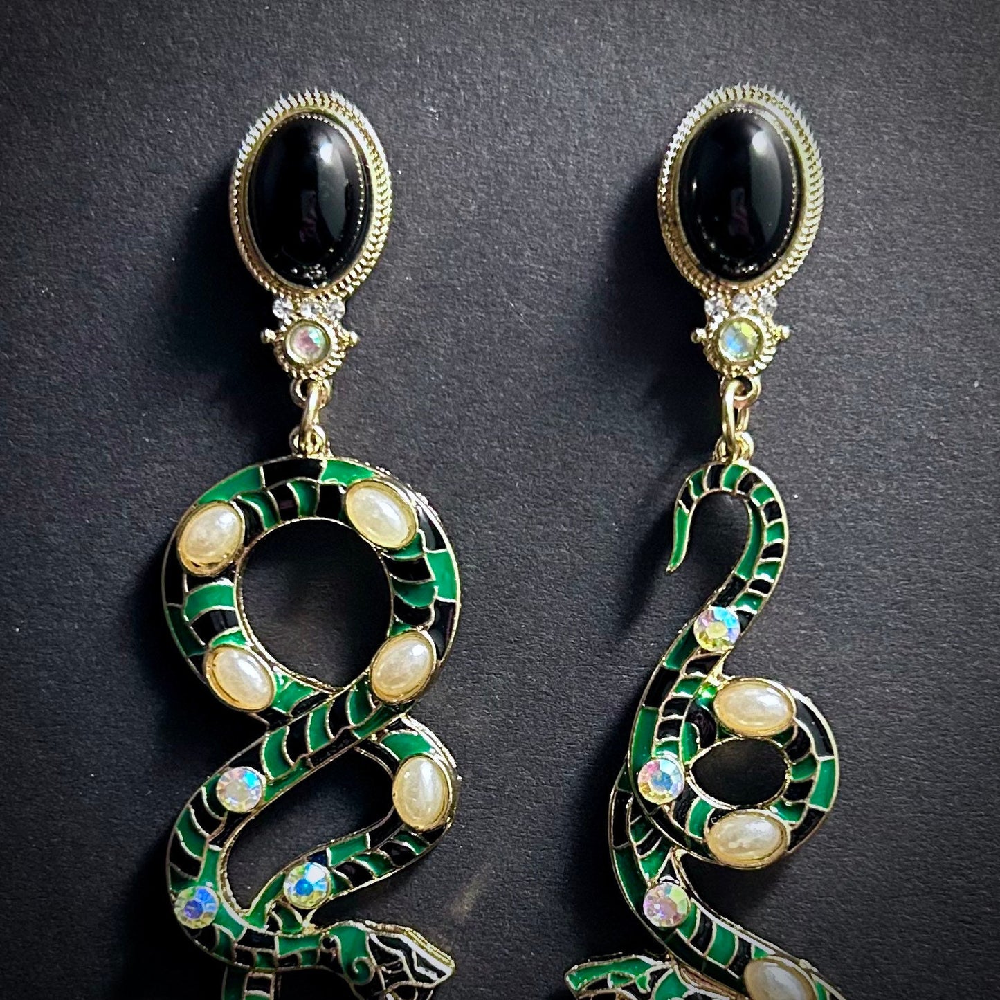 Hissing Snake Green, Black & Pearl Cloisonné Enamel Gold Earrings