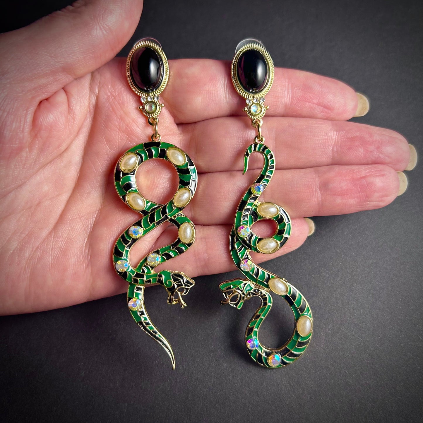 Hissing Snake Green, Black & Pearl Cloisonné Enamel Gold Earrings