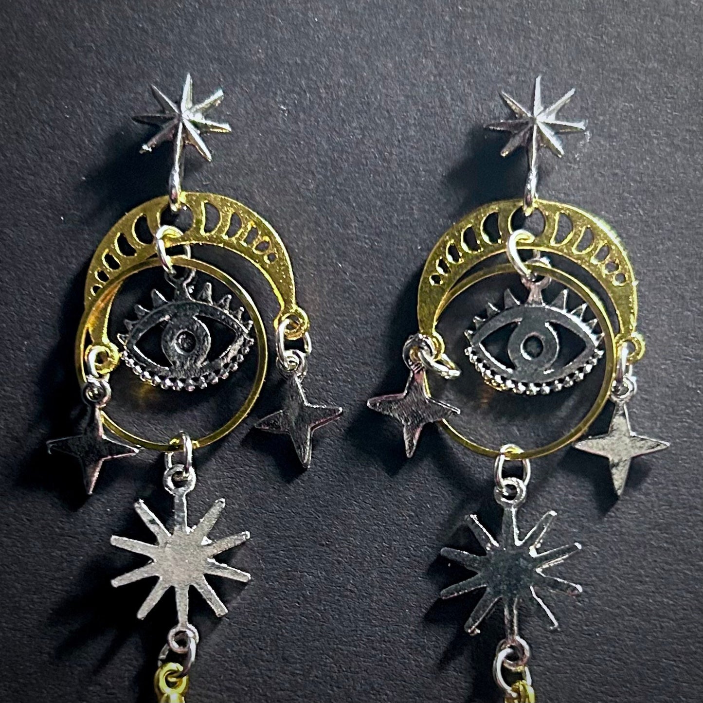 Eye, Stars & Moon Mixed Metal Earrings in Antique Silver and Gold