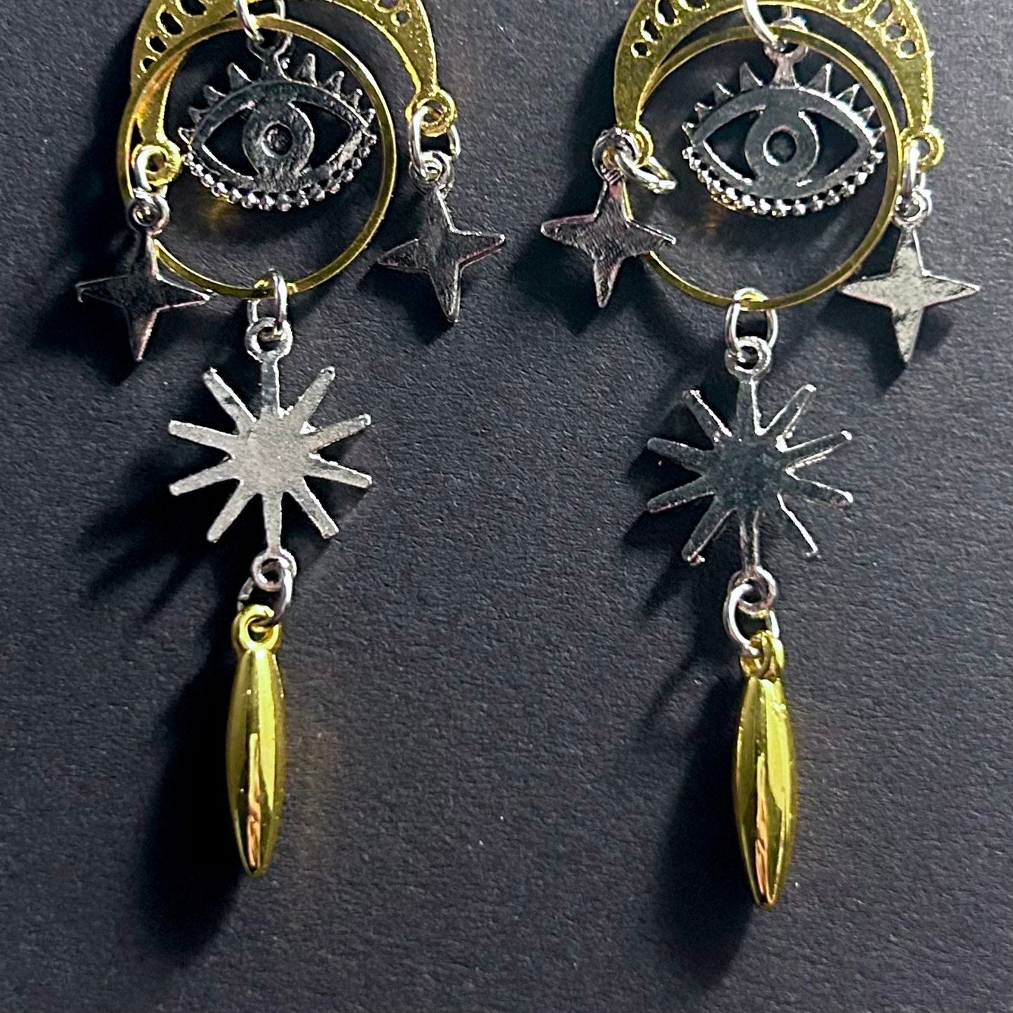 Eye, Stars & Moon Mixed Metal Earrings in Antique Silver and Gold