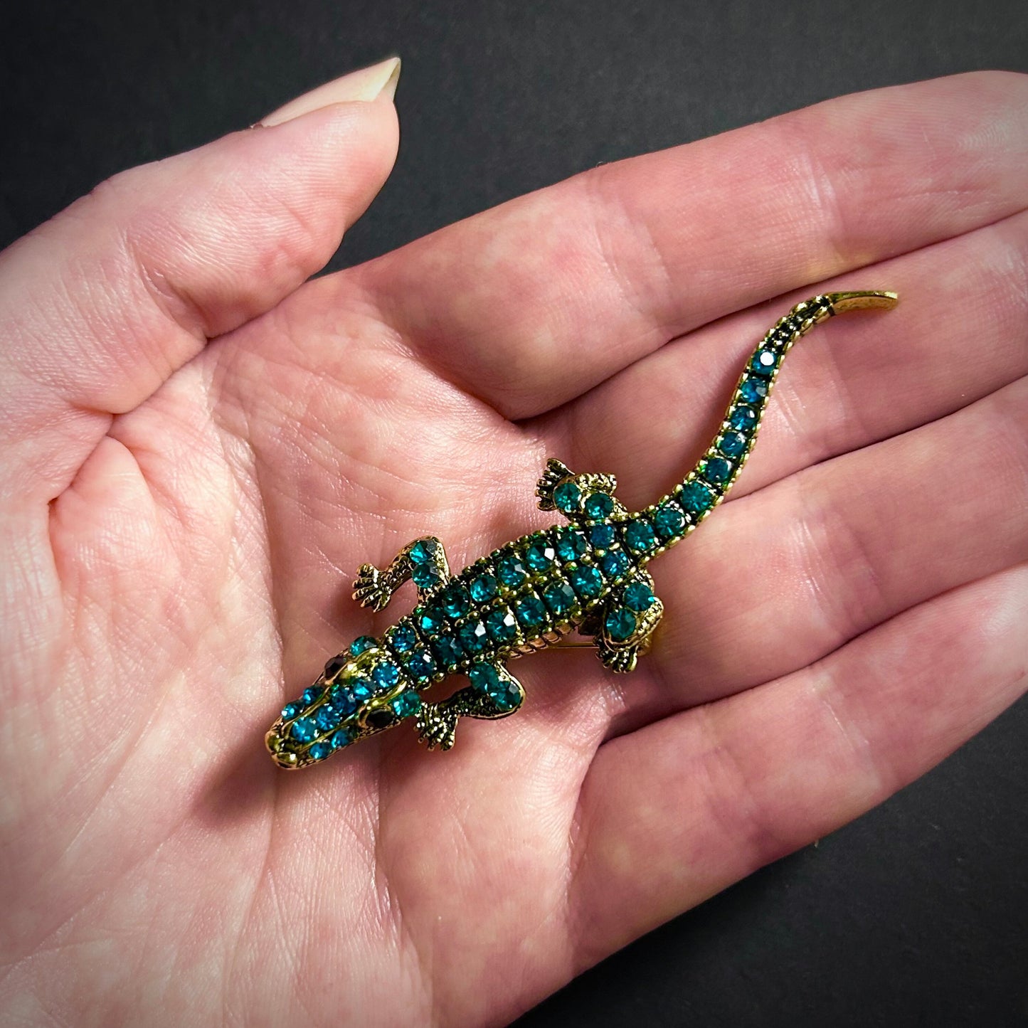 Crocodile Emerald/Turquoise Rhinestones Brooch