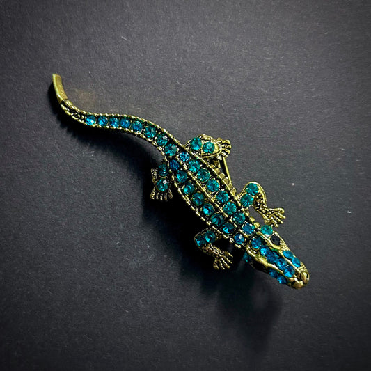 Crocodile Emerald/Turquoise Rhinestones Brooch