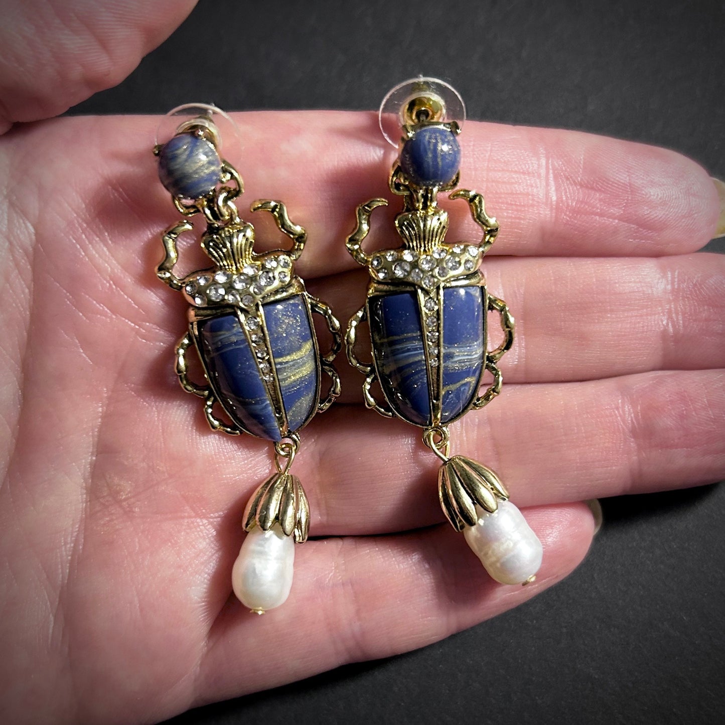 Scarab & Baroque Pearl Lapis Lazuli Blue Earrings