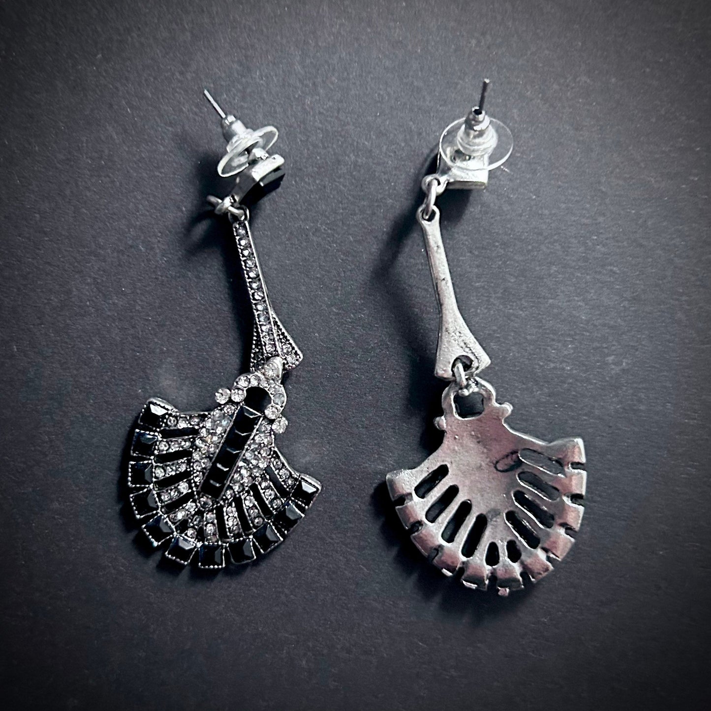 Silver & Black Dangle Fan Earrings