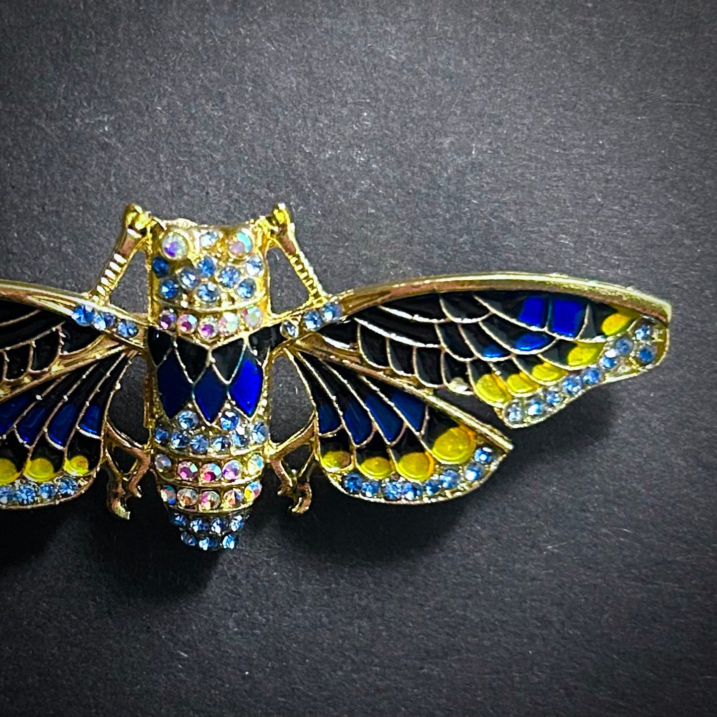 Moth Blue Cloisonné Enamel & Rhinestone Brooch