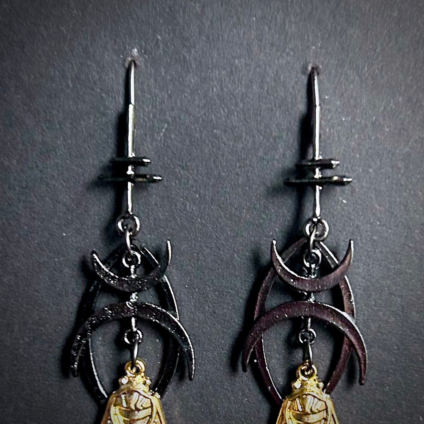 Cicada & Cresent Moon Mixed Metal Earrings in Gunmetal and Antique Gold