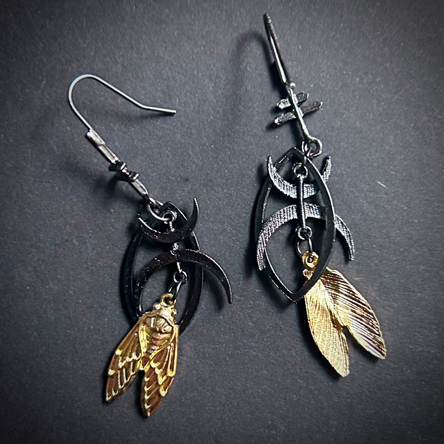 Cicada & Cresent Moon Mixed Metal Earrings in Gunmetal and Antique Gold