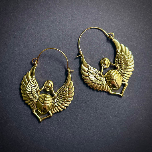 Winged Scarab Creole Earrings