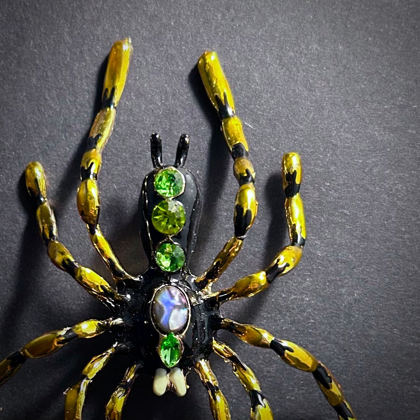 Large Spider Enamel & Rhinestone Brooch in Yellow, Black and Green