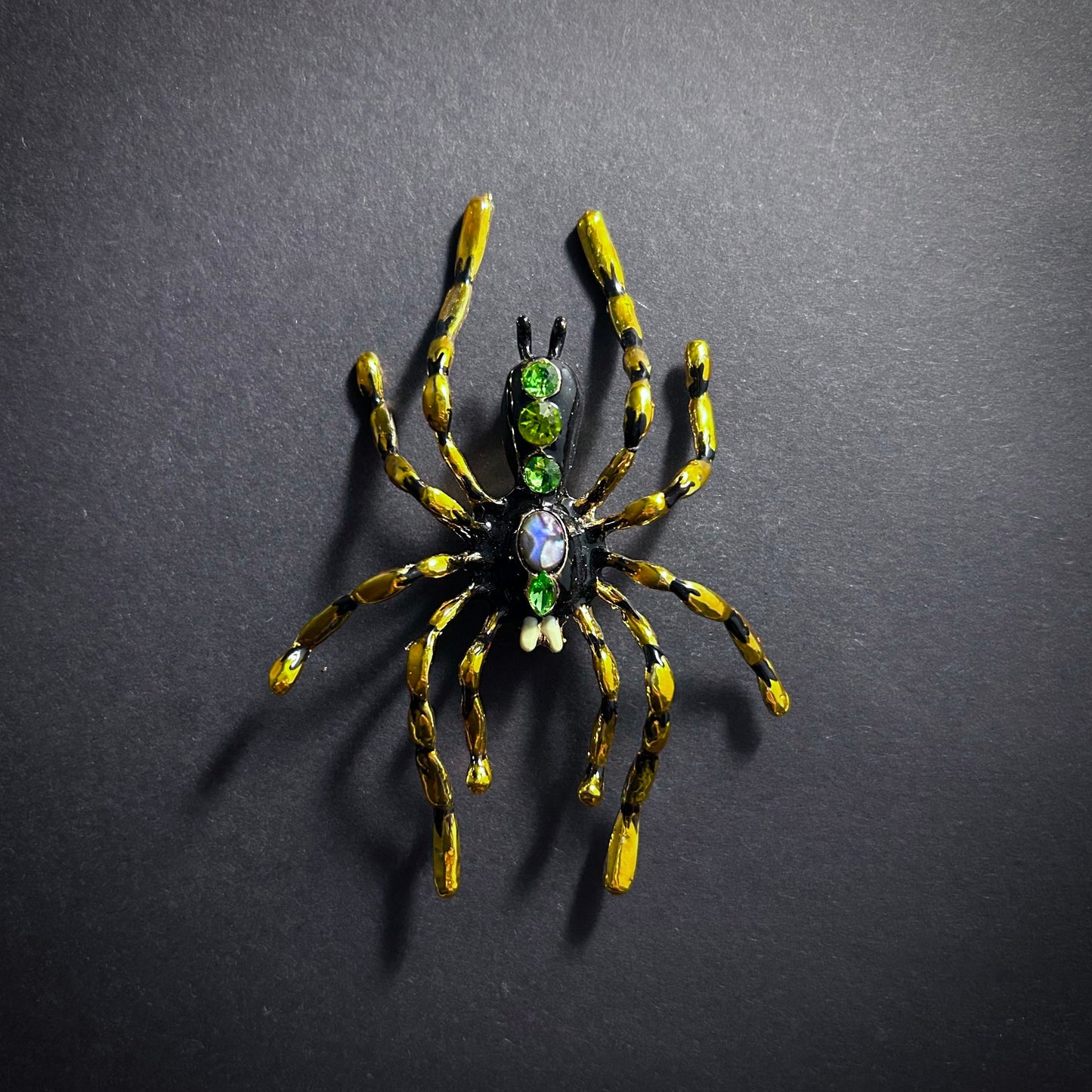 Large Spider Enamel & Rhinestone Brooch in Yellow, Black and Green