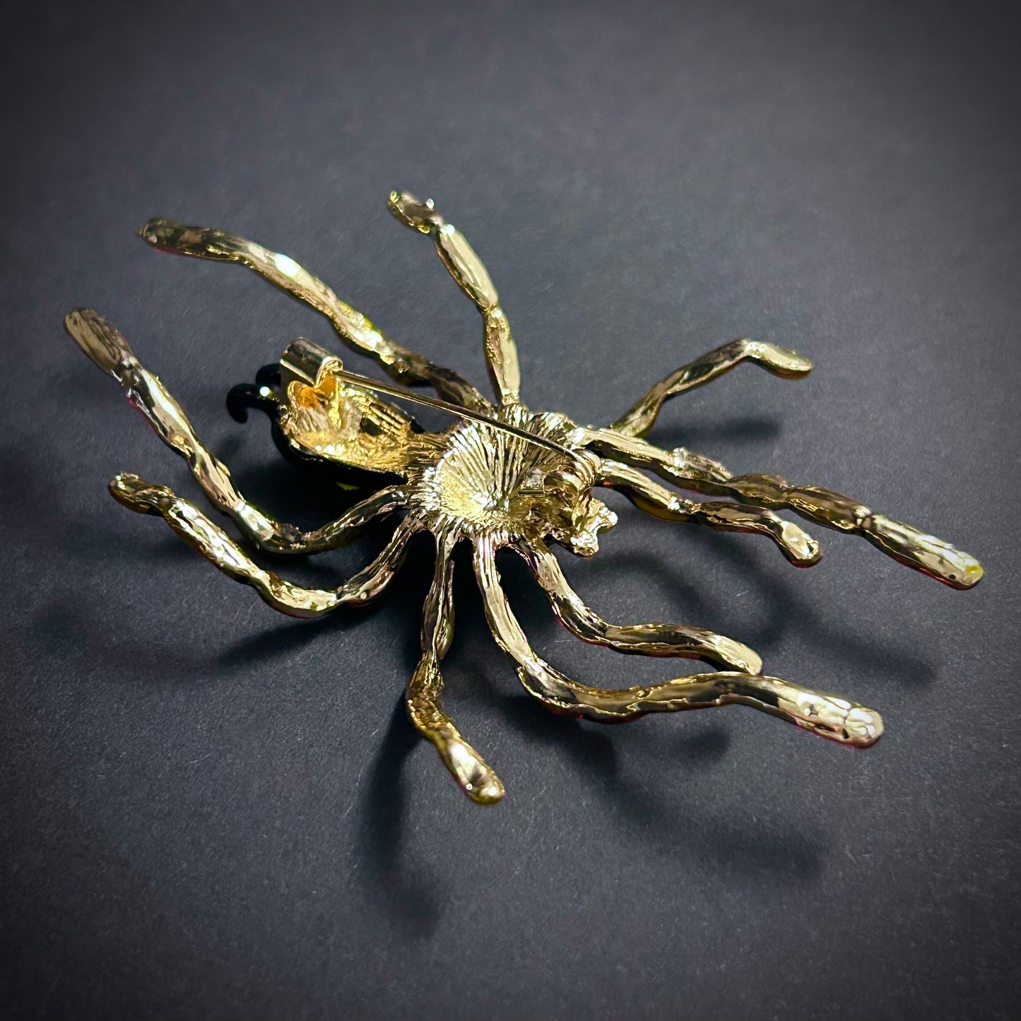 Large Spider Enamel & Rhinestone Brooch in Yellow, Black and Green