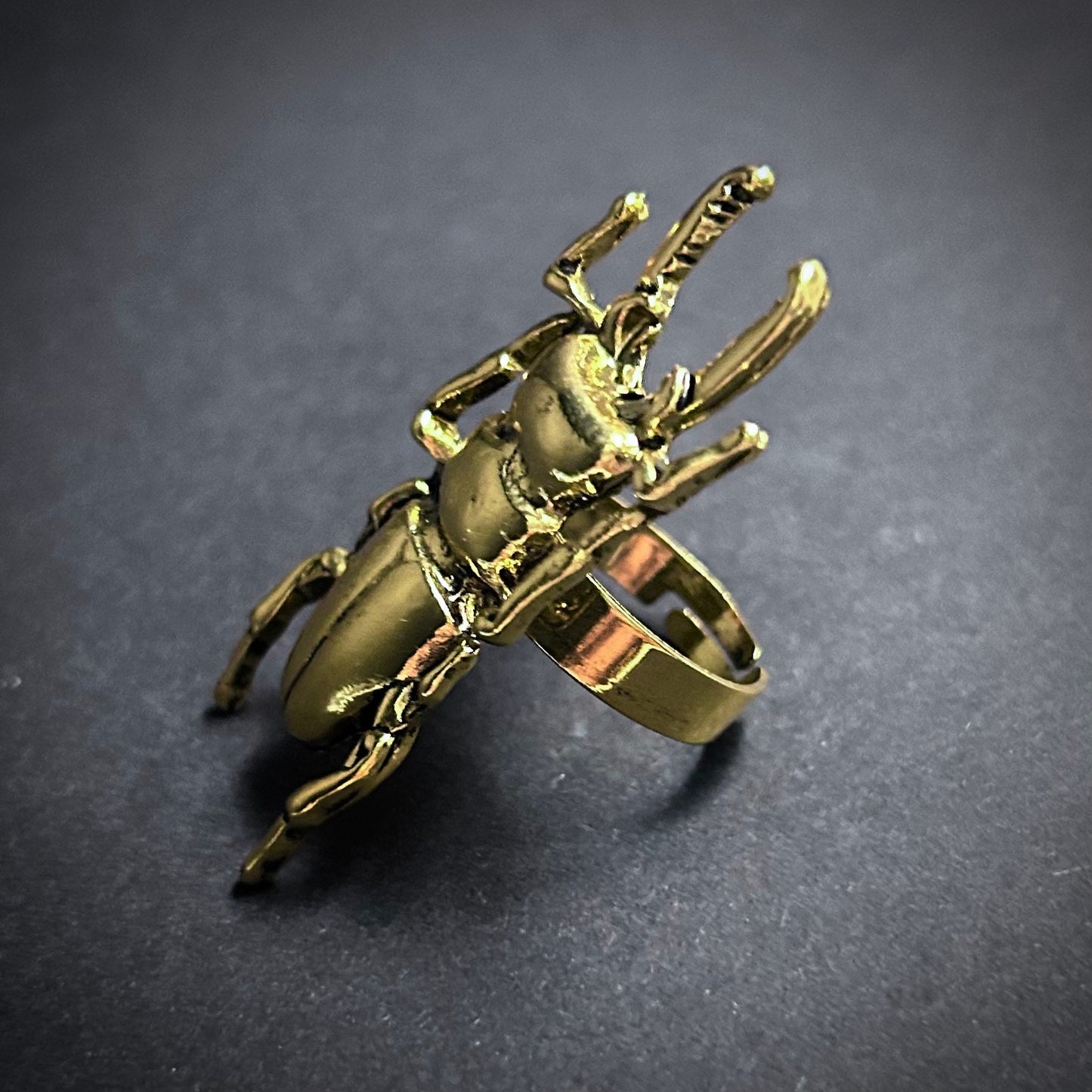 Stag Beetle Adjustable Ring in Antique Gold