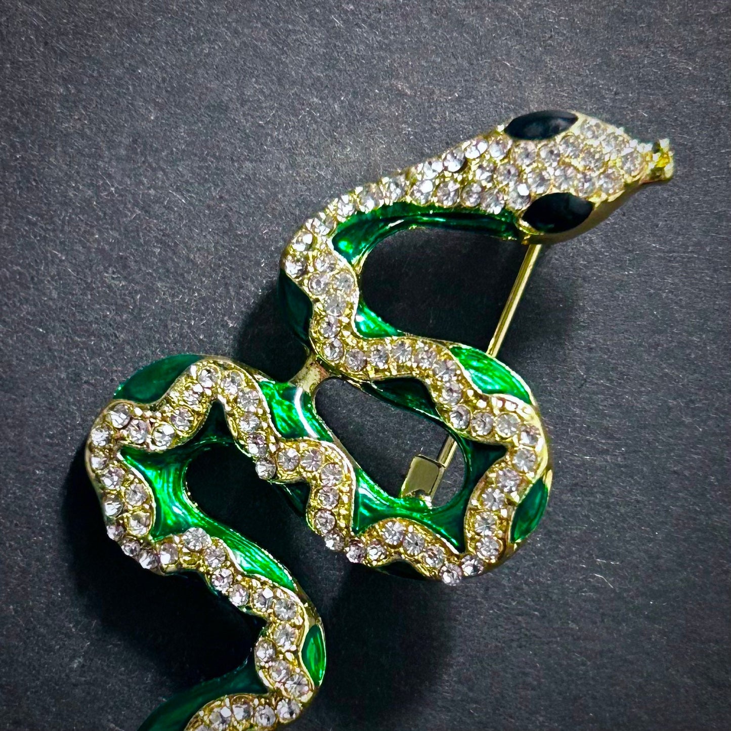 Snake Green Enamel & Rhinestone Brooch