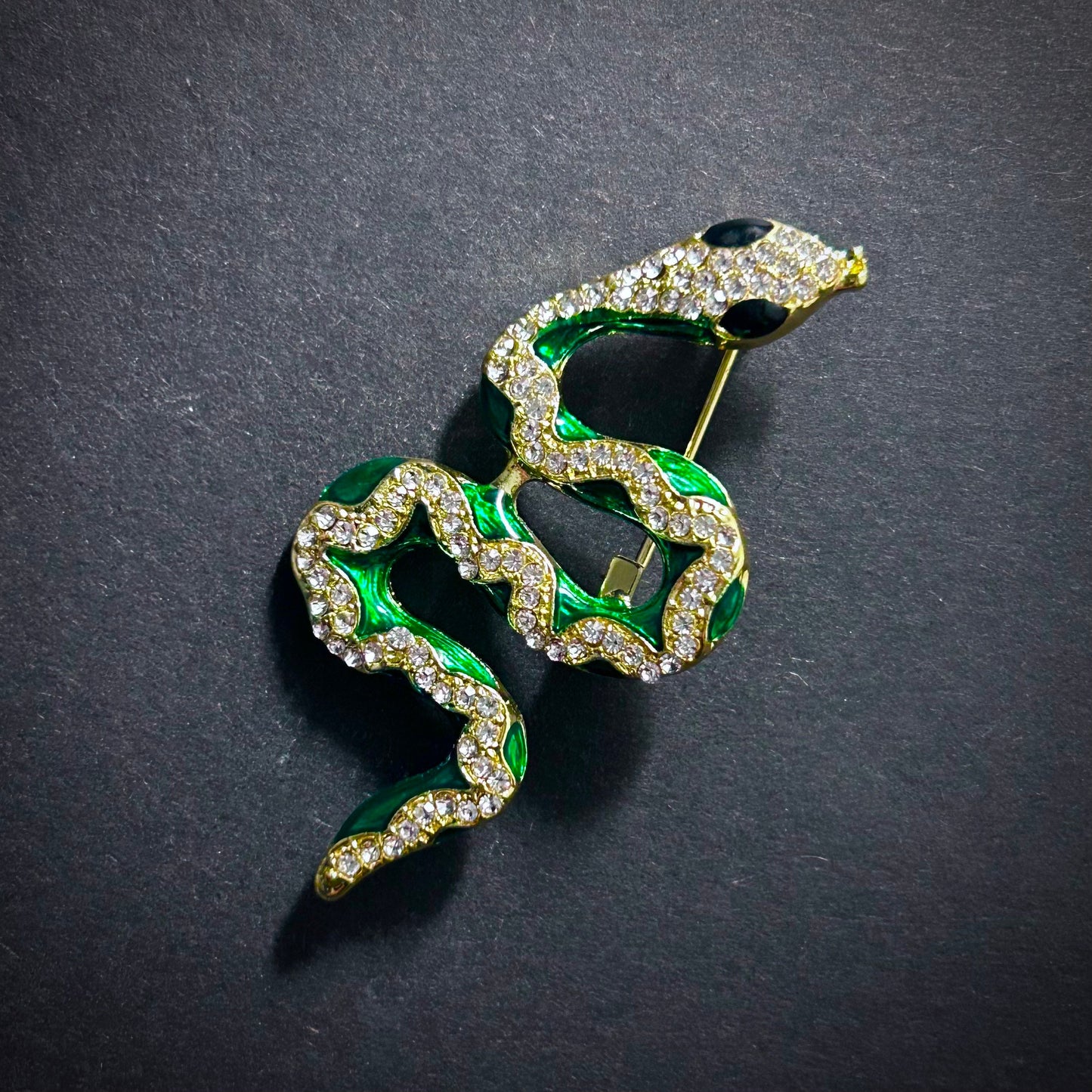 Snake Green Enamel & Rhinestone Brooch