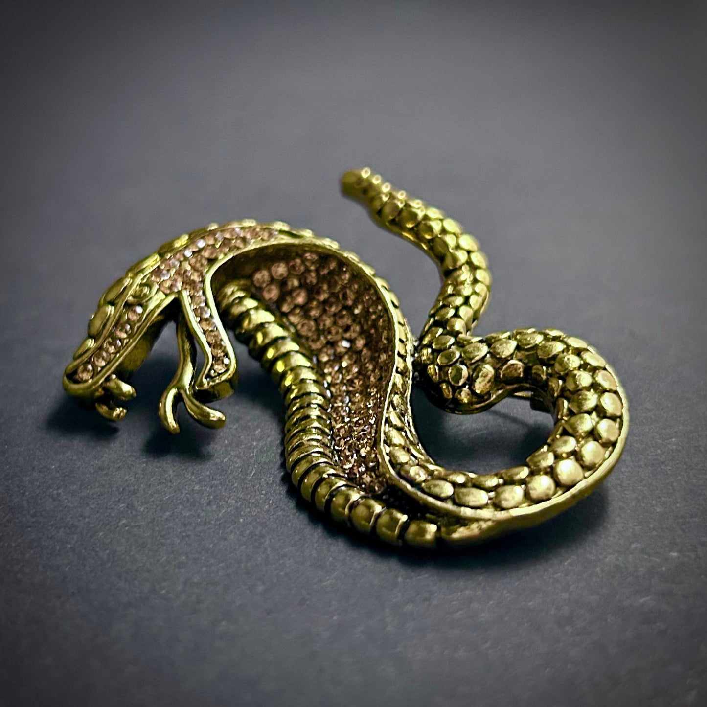 Hissing Cobra Snake Gold Brooch & Pendant with Rhinestones