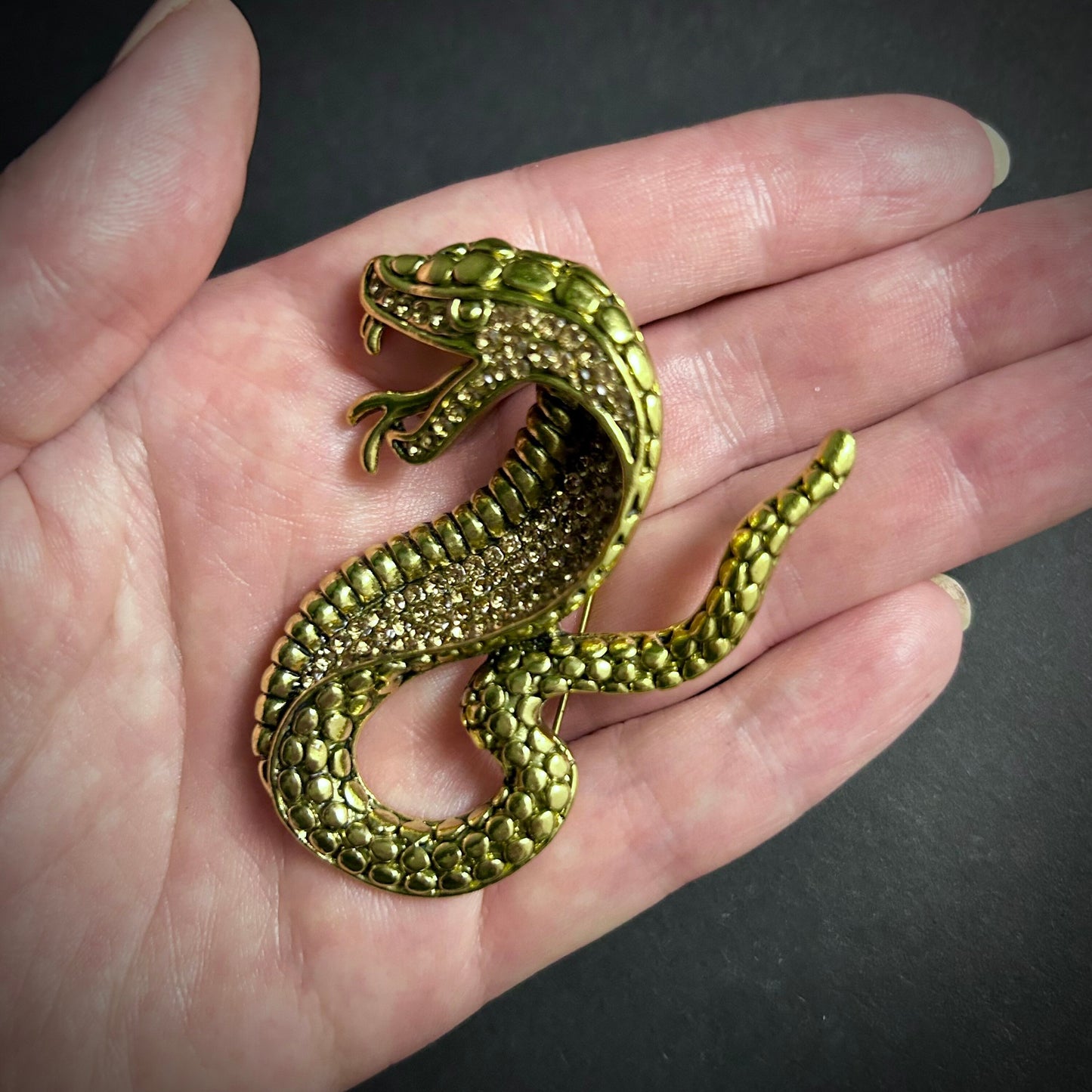 Hissing Cobra Snake Gold Brooch & Pendant with Rhinestones