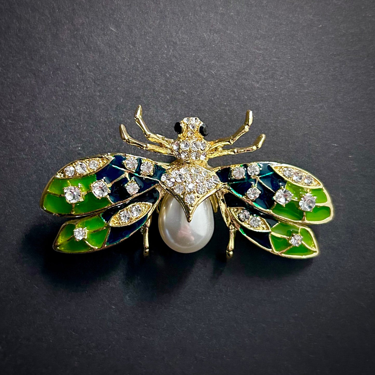 Bee Brooch in Gold, Green Enamel & White Pearl