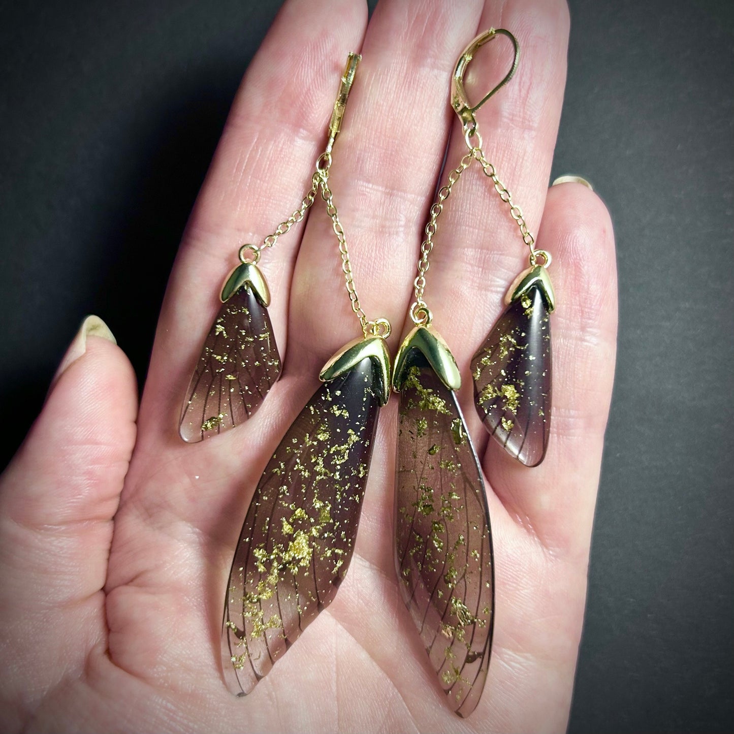 Fairy Wing Ombre Black & Gold Flake Earrings