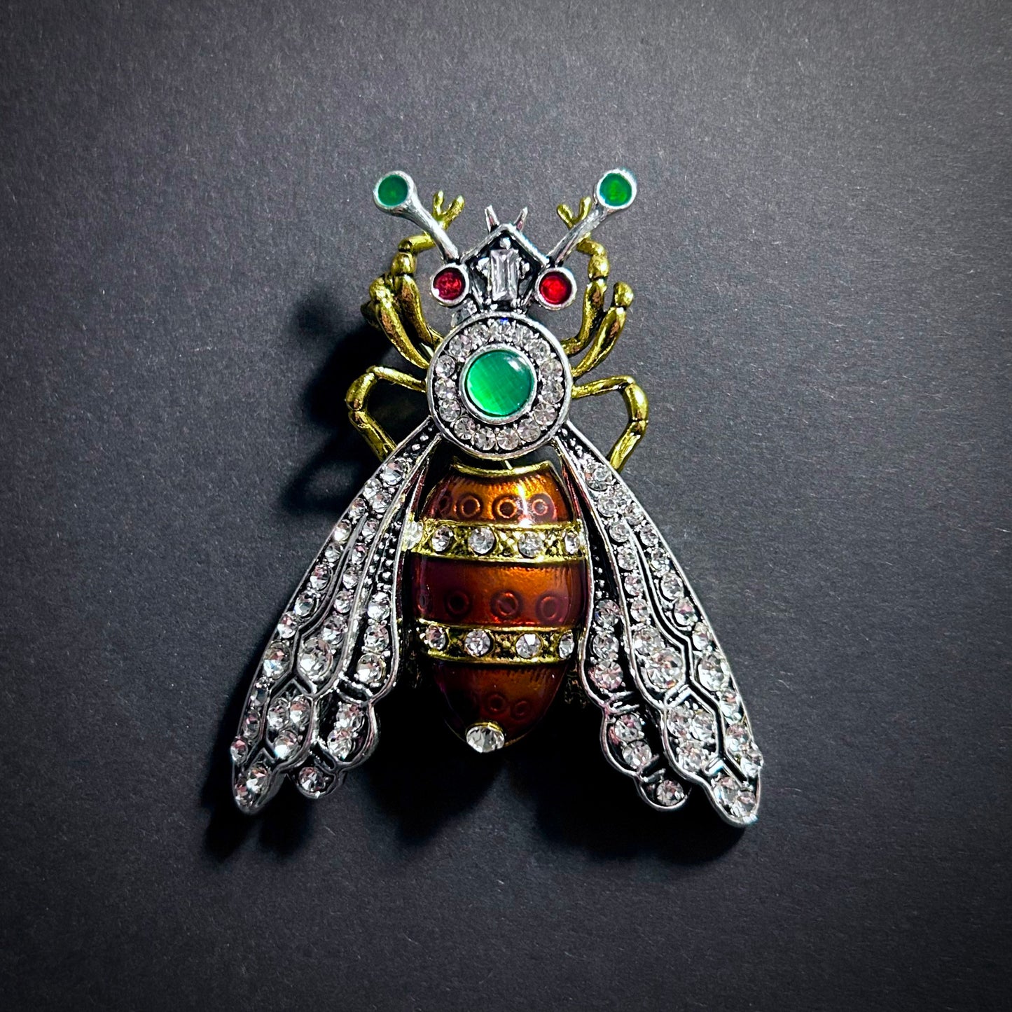 Bee Enamel & Rhinestone Antiqued Mixed Metal Brooch