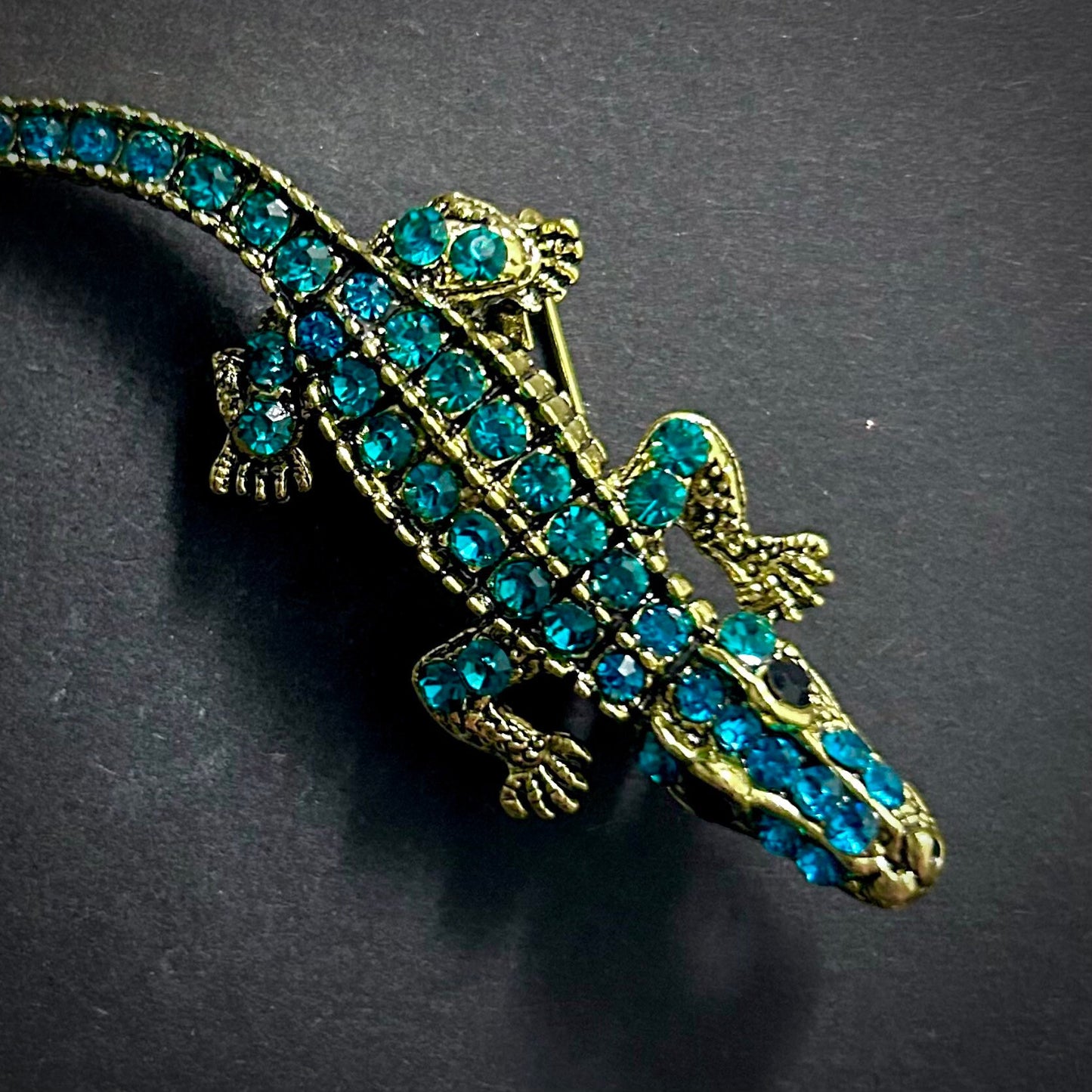 Crocodile Emerald/Turquoise Rhinestones Brooch