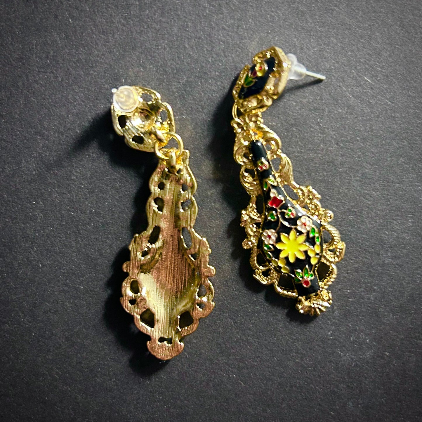 Art Nouveau Black & Gold Enameled Flower Pattern Earrings