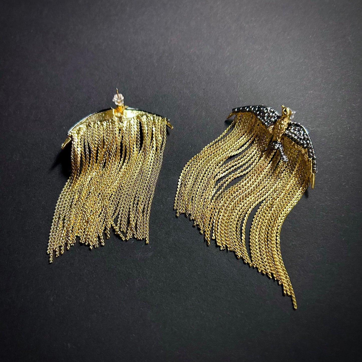 Bird & Chain Fringe Gold Mixed Metal Earrings