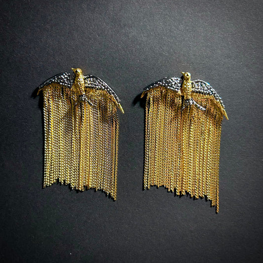 Bird & Chain Fringe Gold Mixed Metal Earrings