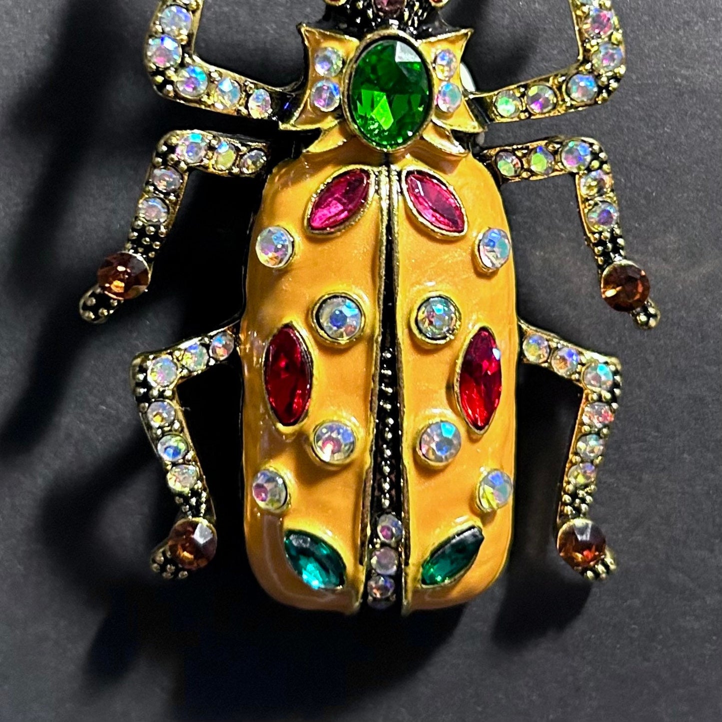 Happy Beetle Brooch with Orange Enamel & Rhinestones