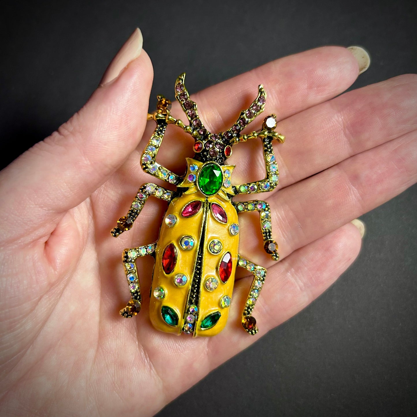 Happy Beetle Brooch with Orange Enamel & Rhinestones