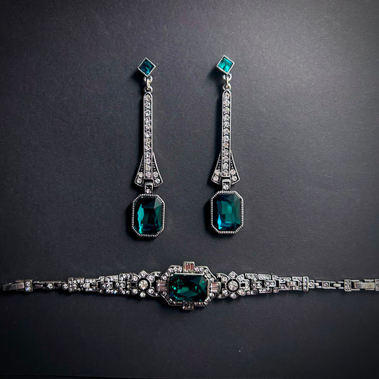 Art Deco Jewerly Set in Silver & Large Emerald Rectangle Crystals