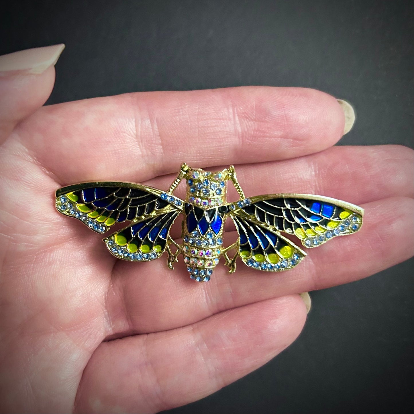 Moth Blue Cloisonné Enamel & Rhinestone Brooch